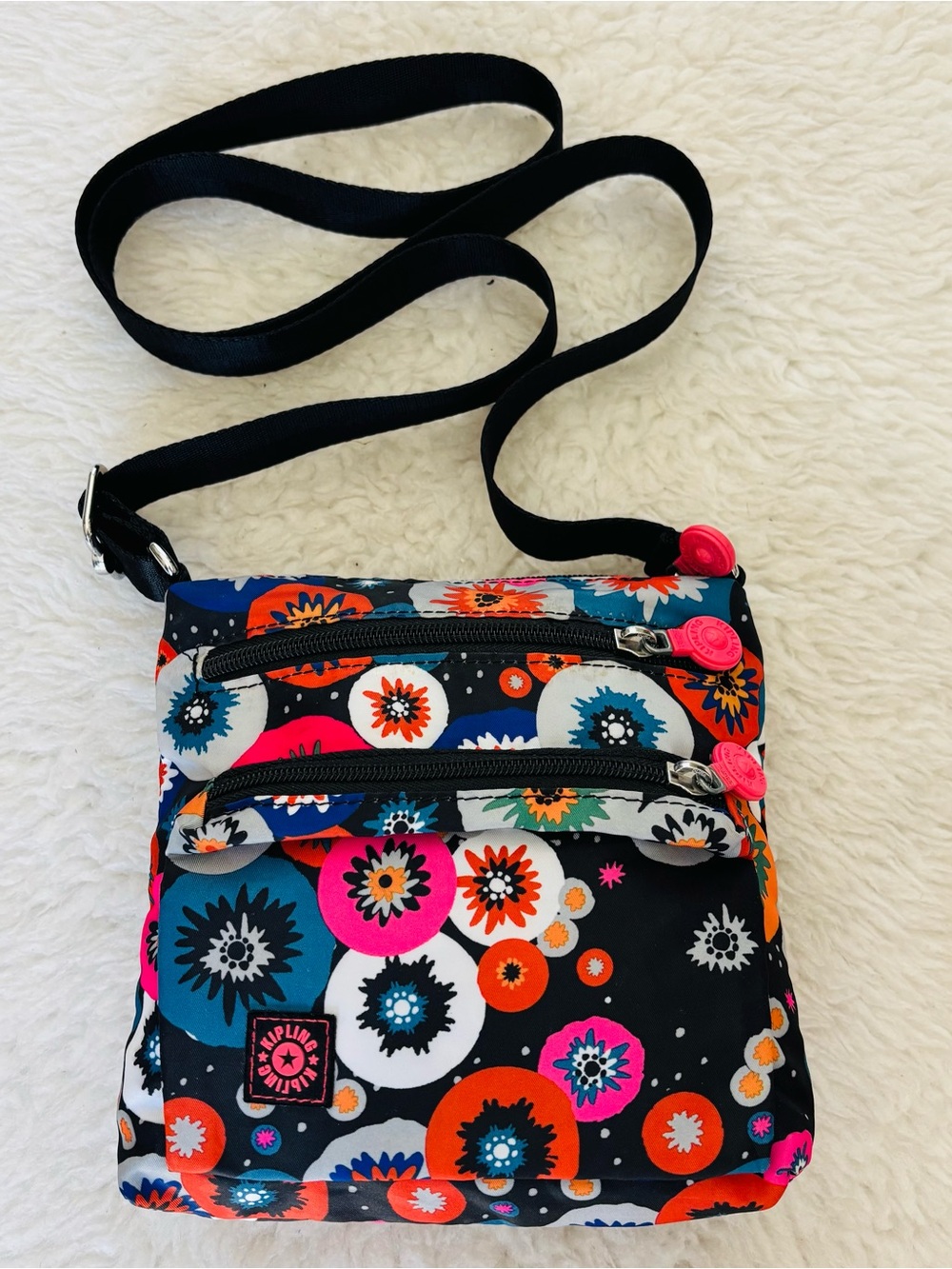 Kipling Floral Dot Crossbody Bag in Black, Orange, Pink & Blue size 7”x7”x2” - Picture 6 of 16